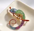 Detailed macro view of a colorful rhinestone chameleon brooch placed on a ceramic dish - Chameleon (X0395) / Blue