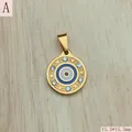 Close-up of gold stainless steel Evil Eye pendant with zircon and blue enamel. - Style A (Round Gold Base)