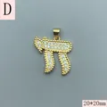 Detailed close-up of gold-plated Hebrew Chai pendant with clear cubic zirconia stones - 20x20mm / Gold White Zirconia Inlaid (D)