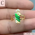 Detailweergave van verstelbare vergulde Saint Jude-ring met groen email en afmetingen - Verstelbaar / Groene Emaille Heiligenstijl (C)