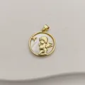 Detailed view of a gold praying angel pendant with a white mother-of-pearl inlay - Gold