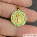 Macro view of a gold Saint Benedict pendant with green shell inlay, 19.7mm size. - Pendant Only (Without Chain) / Green