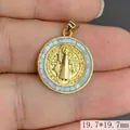 Macro detail of a round Saint Benedict medal pendant featuring an iridescent shell border - Pendant Only (Without Chain) / Light Blue