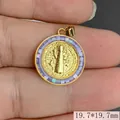 Detailed view of circular shell Saint Benedict pendant with iridescent purple border - Pendant Only (Without Chain) / Blue