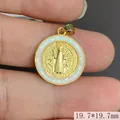 Close-up detail of a round Saint Benedict medal pendant with shell inlay and gold finish. - Pendant Only (Without Chain) / White