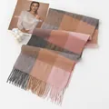 Elegant plaid wool scarf with pink and brown color blocks and delicate fringe details - Pink Plaid