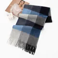 Men's stylish blue and grey checkered wool scarf with soft fringe tassels for winter - Blue Plaid