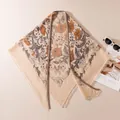 Beige French pastoral style floral printed knitted triangle shawl with fringe edges - Teal Color (FHYR26-7281)