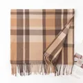 Classic brown and beige plaid cashmere-like scarf with fringe for winter warmth - With Tag / Camel Plaid