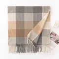 Classic plaid faux cashmere scarf in grey and brown tones for winter warmth and style - Plaid Grey Blue Beige