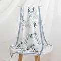 Elegant mulberry silk scarf with blue bamboo ink print on white background - Long / Ink Blue Bamboo / 55*170CM