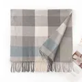 Elegant gray and blue plaid cashmere-like winter scarf with stylish fringe edges. - Plaid Grey Blue Green
