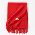 Elegant solid red cashmere-like long scarf for women with fringe details and a minimal brand label - Medium Long With Label / 40x200cm / Orange Red