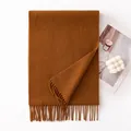 Luxurious solid brown wool scarf shawl with fringe details for elegant winter warmth - 30x180cm / Dark Khaki