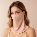 Dusty rose mulberry silk face mask providing sun protection and neck cooling comfort - Camel