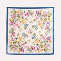 Elegant silk neck scarf featuring a colorful floral print with a deep blue border - Blue Edged Floral Style (FH26-6119-11)