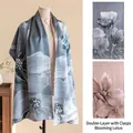 Double-layered silk scarf featuring an elegant lotus floral pattern and buckle closure - Double-Layer Shawl With Buckle / 53x192cm / Grey Blue Lotus Print