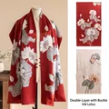 Elegant red double-layered silk scarf featuring ink wash lotus pattern and functional buckle - Double Layer With Buckle / Red Ink Lotus