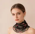Elegant floral print mulberry silk mesh neck gaiter scarf for women in black mesh design - Rose Floral Style / Floral Morning Moonlight