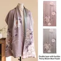 Double-layered silk shawl with peony print and buckle in blue-purple - Peony Bloom Blue Purple