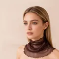 Elegant dark brown silk mesh neck gaiter featuring a delicate ruffled lettuce edge design - Coffee
