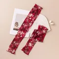 Elegant long mulberry silk sun protection arm sleeves featuring a red floral pattern - Red Vintage Floral