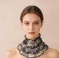 Elegant floral print mulberry silk neck gaiter with ruffled edges for sun protection - Blue Leaf Autumn Apricot
