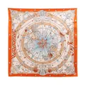 Luxury mulberry silk square scarf with orange star border and horse skeleton print - Orange Roman