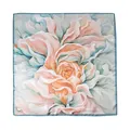 Elegant premium silk square scarf with artistic peach floral print and blue border - Blue Edge Peony