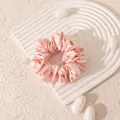 Elegant large pink mulberry silk scrunchie with satin finish on white display board - L / Lotus Pink