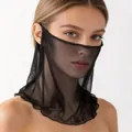 Elegant black mesh sun protection face veil and breathable neck gaiter for women outdoor - One Size / Black (90169-1)