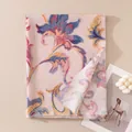 Elegant pink long scarf with vintage floral print, warm and stylish shawl for women. - Polyester Wool Blend Style / Beige Floral