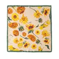 Elegant mulberry silk square scarf featuring vibrant sunflower print and a green border - Graffiti Sunflower