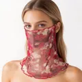 Elegant red floral silk sun protection face veil and neck gaiter for women - One Size / Red Floral (90169-4)