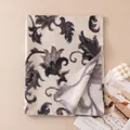 Elegant beige long scarf featuring vintage grey floral prints and fringe for women - Full Polyester Style / White Floral