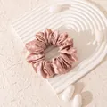 High-quality large champagne pink mulberry silk scrunchie with elegant satin ruffles. - L / Lotus Pink