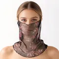 Elegant floral print silk sun protection face veil and neck gaiter for summer wear - One Size / Black Lily (90169-6)