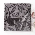 Vintage grey and black botanical leaf print shawl with delicate fringe edge details - Black and Gray