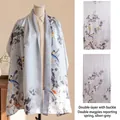 Silver grey New Chinese style silk scarf with magpie bird floral print and buckle - Double Layer with Buckle (FHZ26-90380-1) / 53*192cm / Double Magpies Silver Gray