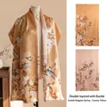 Elegant double-layered silk scarf with buttons and traditional Chinese floral bird print - Double Layer with Buckle (FHZ26-90380-2) / 53*192cm / Double Magpies Creamy Yellow
