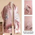 Elegant pink silk shawl with a double-layer buckle design and lotus flower patterns - Double Layer with Buckle (FHZ26-90381-1) / 53*192cm / Twin Lotus Flowers