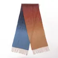Pure wool scarf with an elegant blue and orange gradient pattern and tassel fringe. - Gradient Blue and Camel