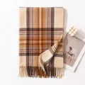 Classic beige and brown plaid cashmere-like winter scarf with tassel fringe - 65*200cm / Yellow Brown Plaid