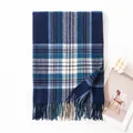 Classic blue plaid fringe scarf made of soft cashmere-like material for winter warmth - 65*200cm / Navy Blue Plaid