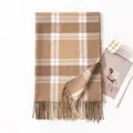 Classic brown checkered plaid scarf with fringe detail for autumn and winter warmth. - 65*200cm / Beige Camel Plaid