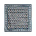 Elegante vierkante sjaal van zijde en wol met een ingewikkeld blauw etnisch patroon. - Handgerolde Stijl / Blauw Porselein Bloemen