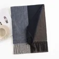 Men's winter faux cashmere scarf with elegant blue and brown color blocking and fringe detail - 180x35cm / Dark Blue (FH23-5435-1)