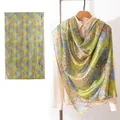 100% mulberry silk long scarf with green floral print and soft texture - 176*110cm / Spring Bloom (FHZ25-90190-1)