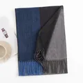 Men's winter faux cashmere scarf in blue and grey color-block pattern with fringe - 180x35cm / Blue (FH23-5435-2)