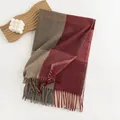 Elegant faux cashmere checkered scarf with classic tassels in burgundy and khaki tones. - 60*180cm / Red & Coffee